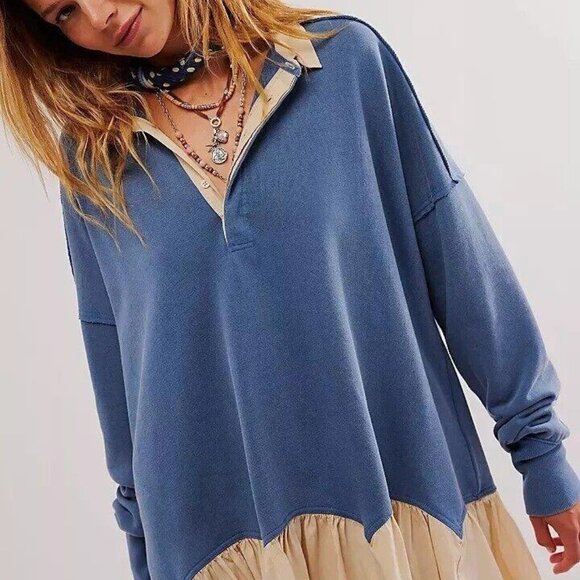 Free People Olivia Sweatshirt Top Collared Oversized Soft Cotton Solid S 274461 - Picture 4 of 9